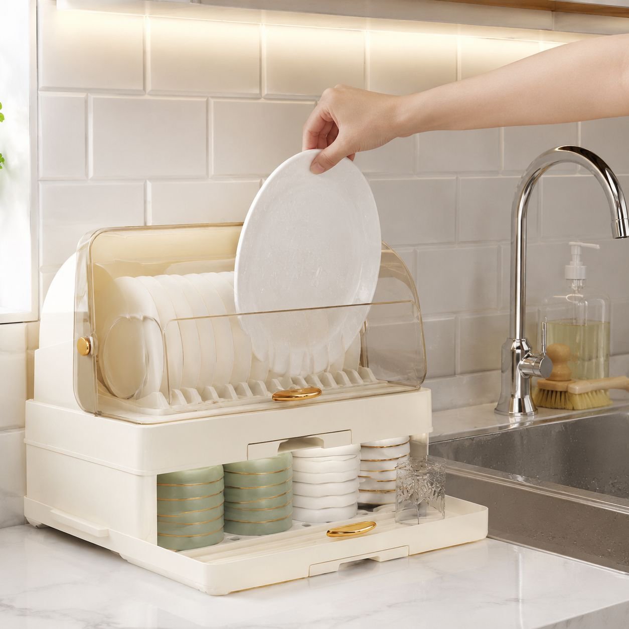 Double-layer kitchen organizer holding bowls and chopsticks neatly