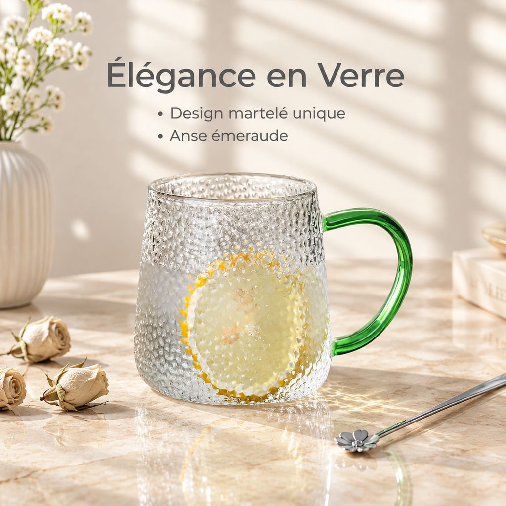 Tasse en Verre Borosilicate Martelé avec Anse Grande Capacité