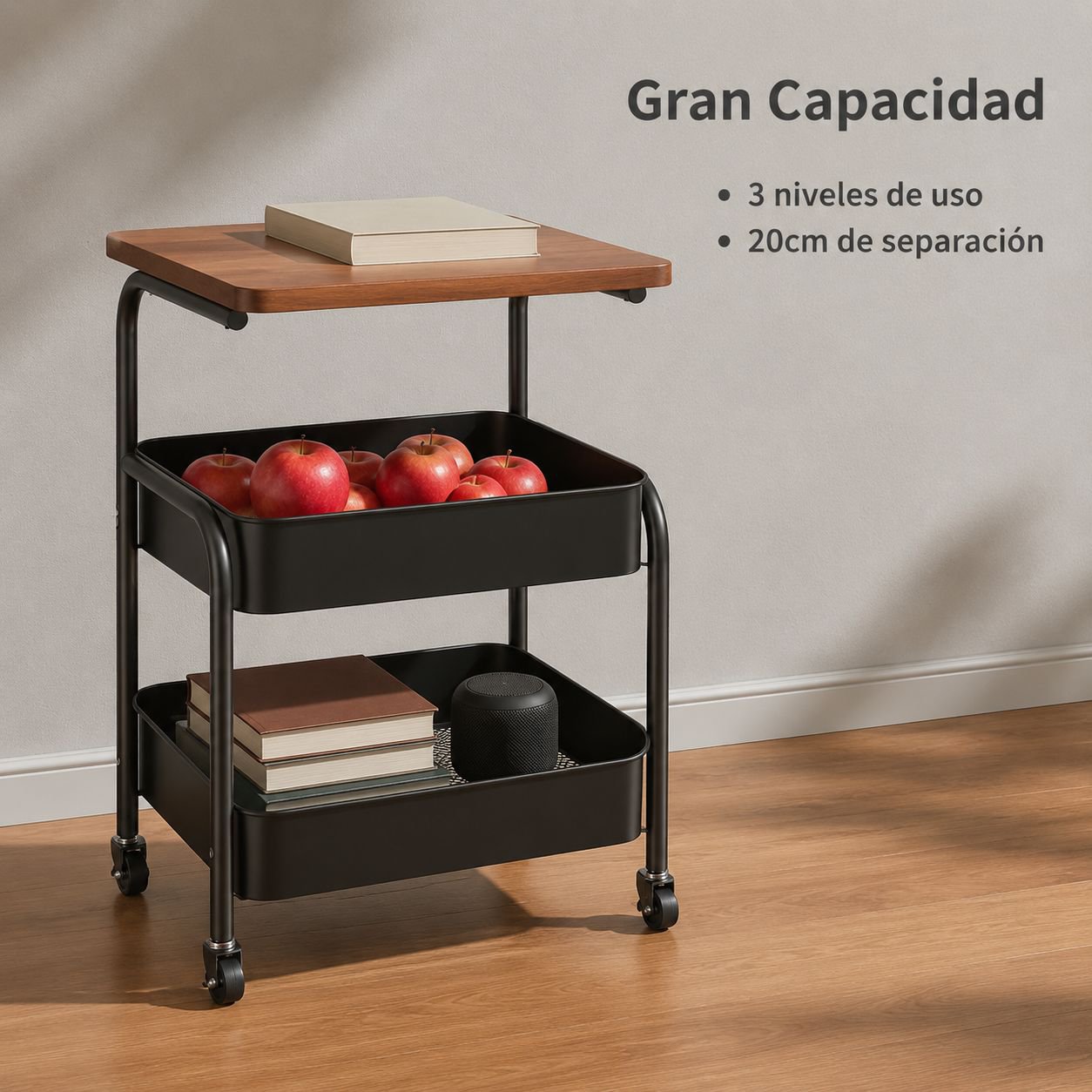 Carrito auxiliar móvil de dos niveles con mesa superior