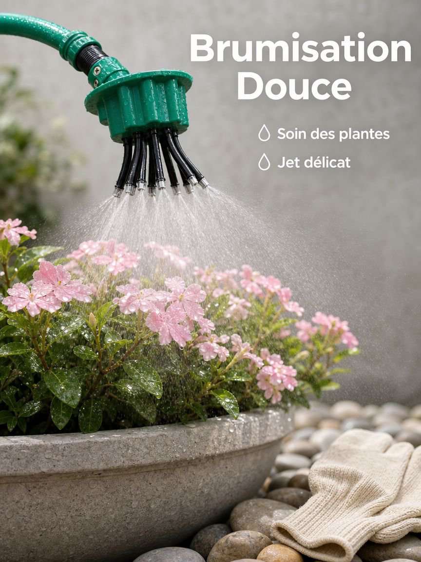 Vue rapprochée de l'arroseur à plusieurs têtes avec jets d'eau
