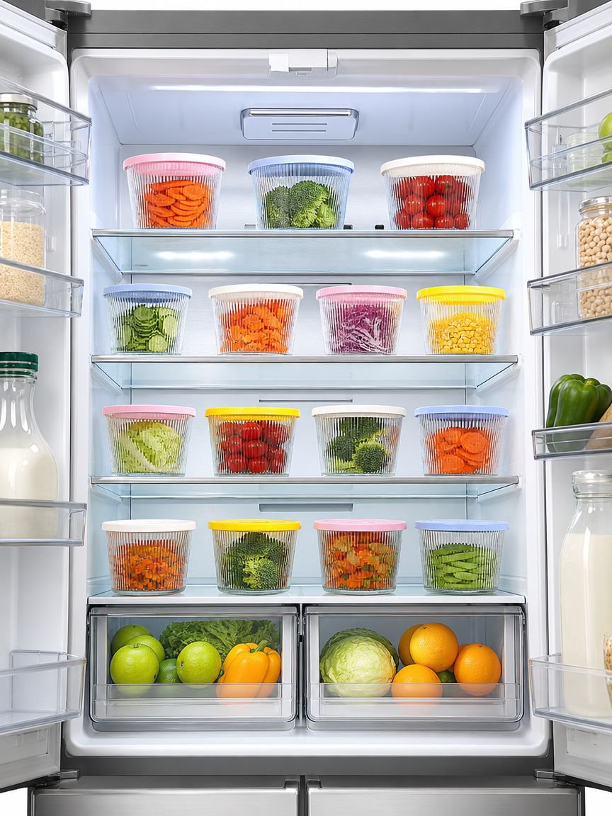 Stackable striped glass food containers in fridge