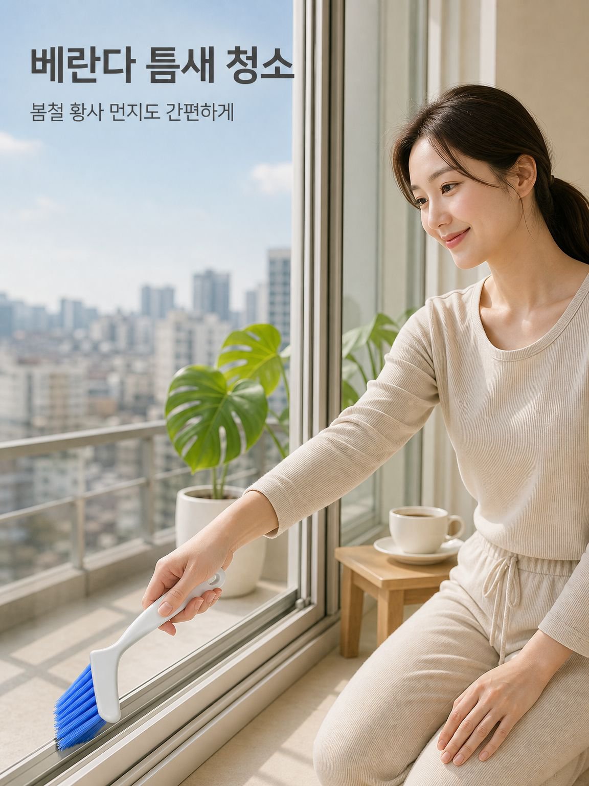 창틀 홈 레일 청소 브러시 사용 모습