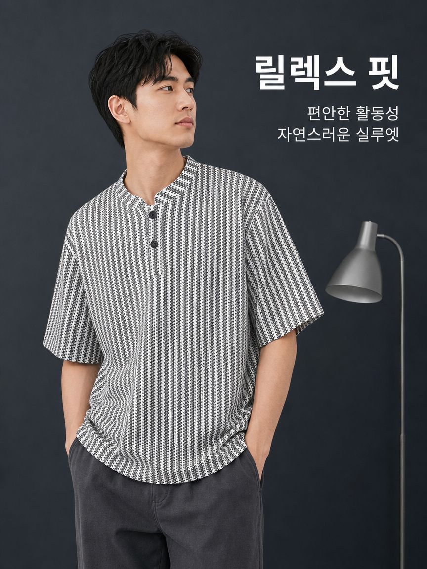 여름 캐주얼 헤링본 헨리넥 상의