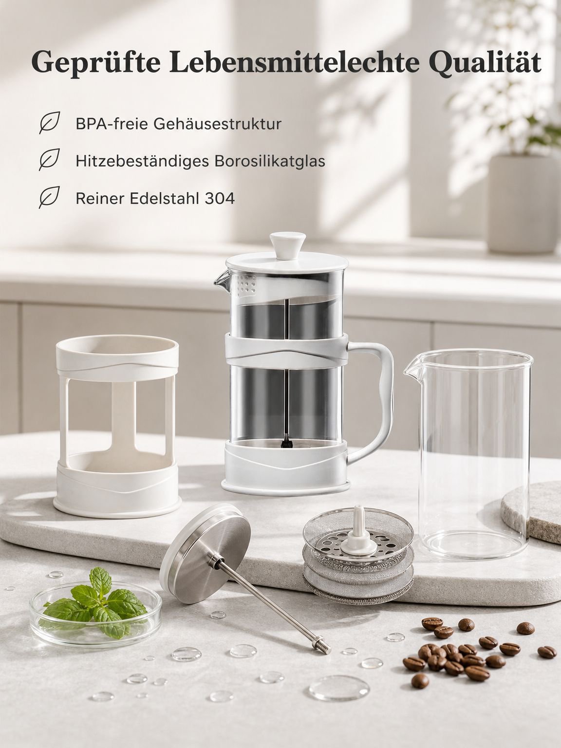 Kaffeezubereiter mit transparentem Behälter und Stempelfilter