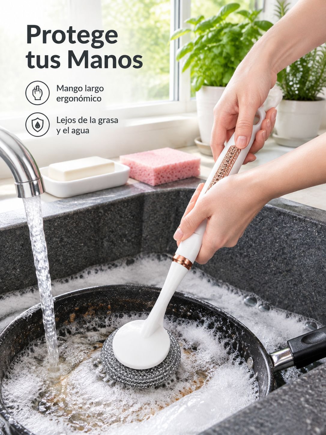 Cepillo de cocina de mango largo para limpiar ollas