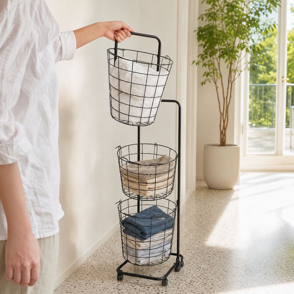 Household laundry basket Multi-layer balcony storage basket with wheels can be moved to put dirty cl