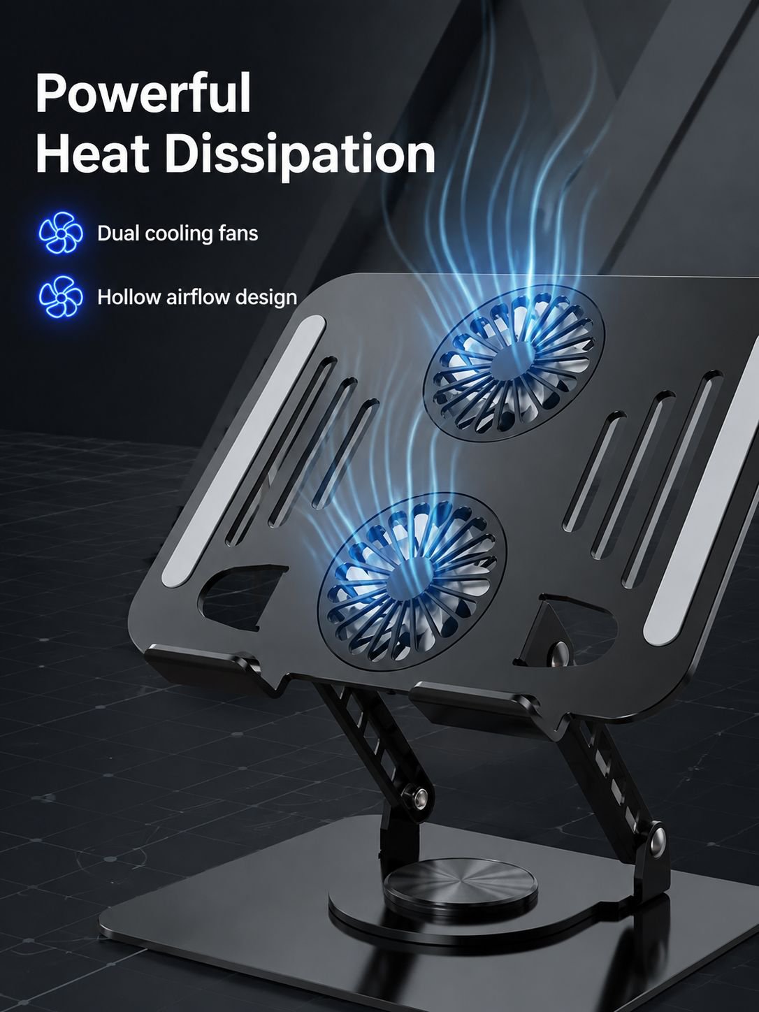 Dual-fan Hollow Cooling Laptop Stand, Portable Foldable Carbon Steel Height-Adjustable Support