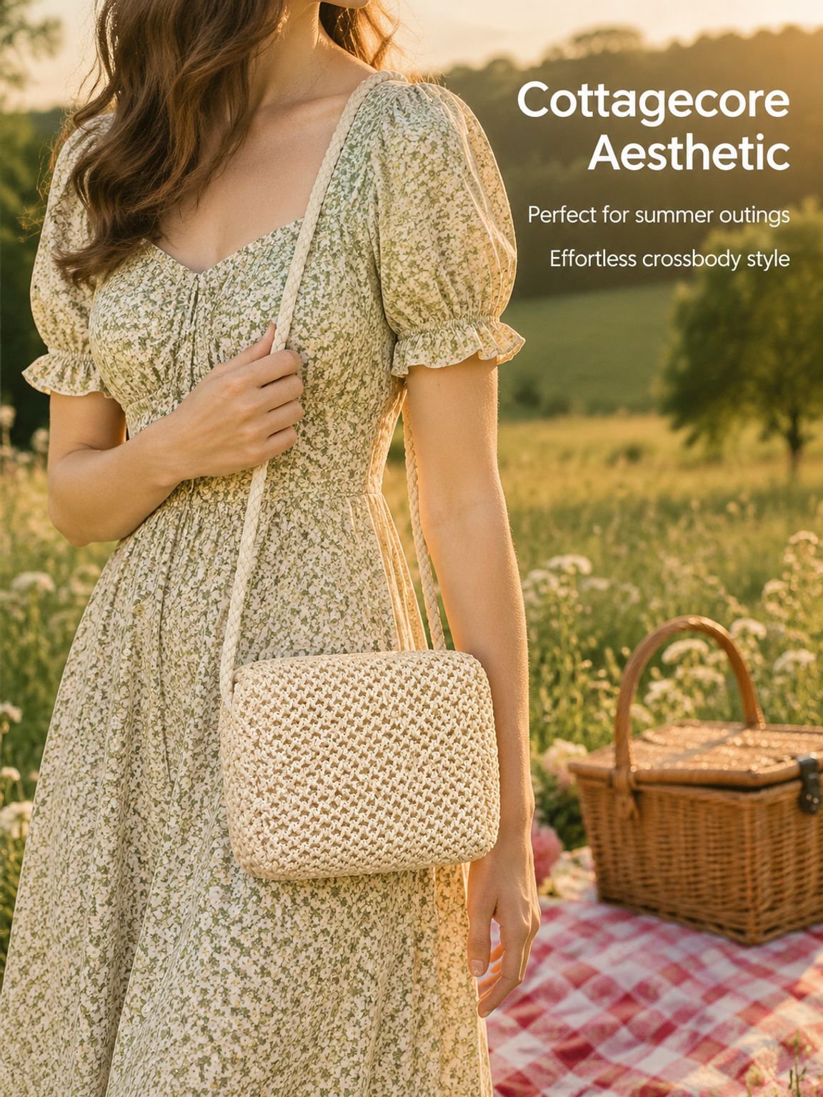 Hand-woven pastoral style straw chain shoulder/crossbody small square bag