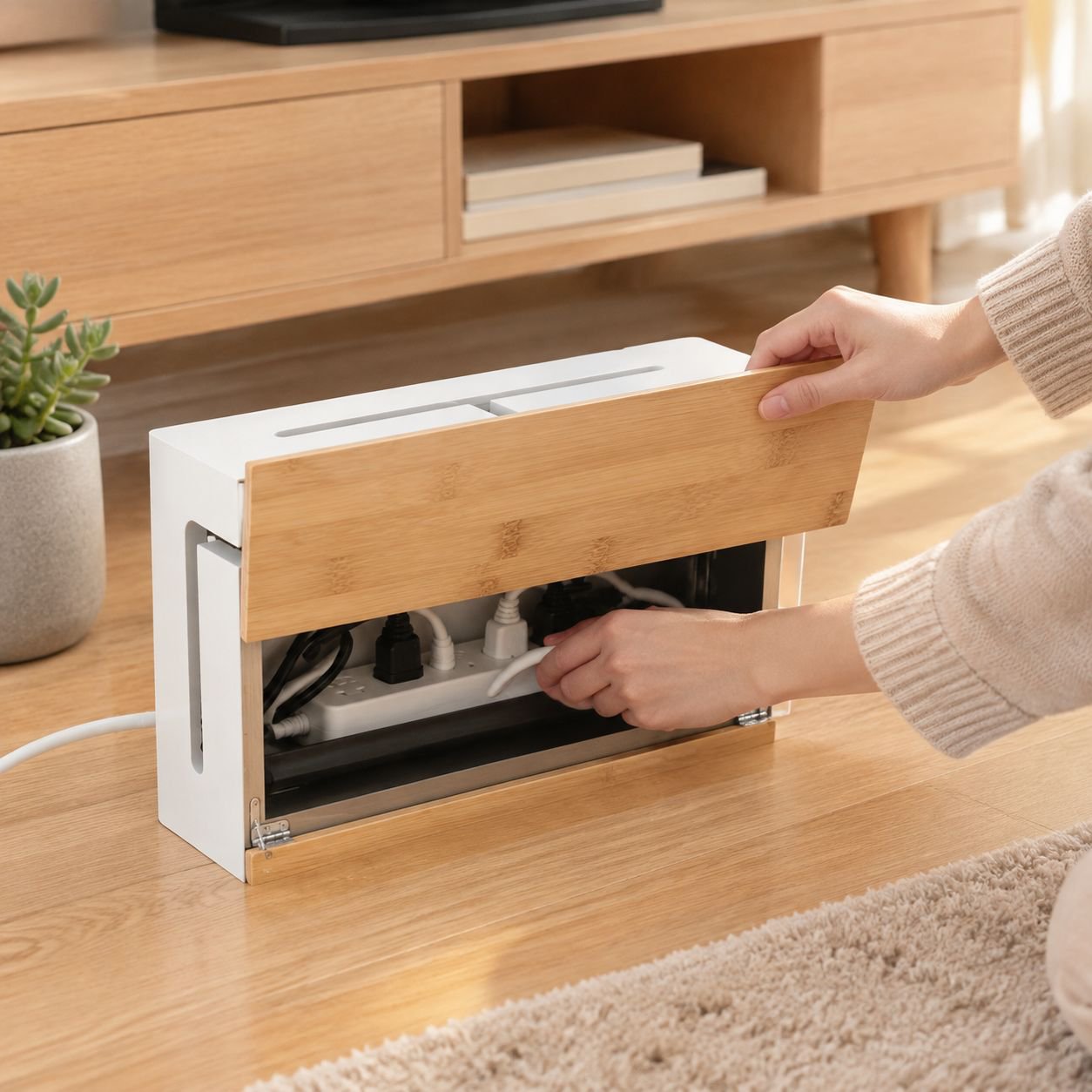 複数ケーブルを一括整理できる電源タップ用収納ボックス