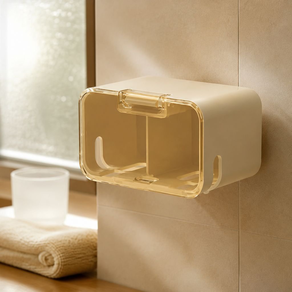 Toothbrush storage box with lid open, showing accessible storage