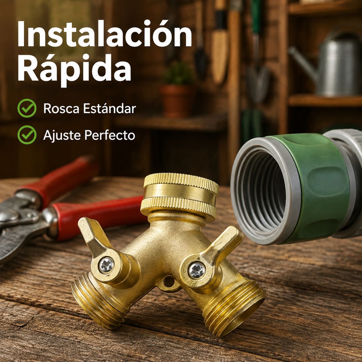 Distribuidor bidireccional tipo Y de latón con dos válvulas independientes para grifos.