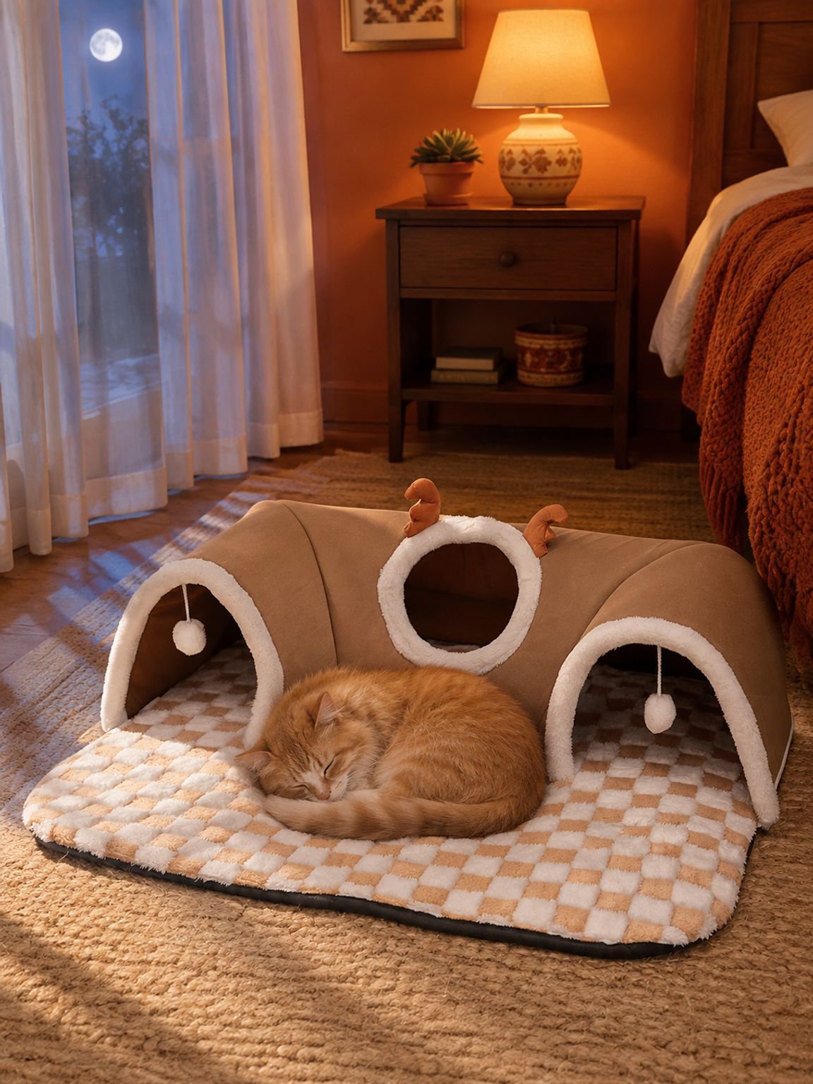 Vista frontal de la cueva para gatos con cama integrada y túnel