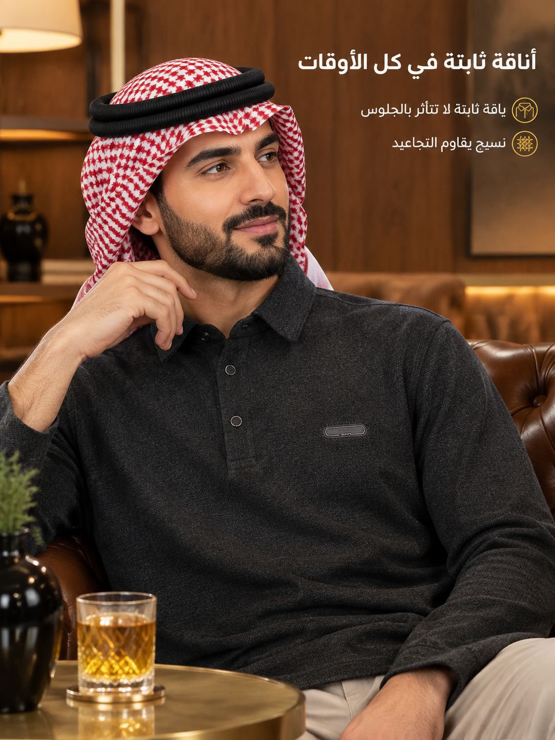 قميص بولو رجالي بأكمام طويلة وياقة مطوية