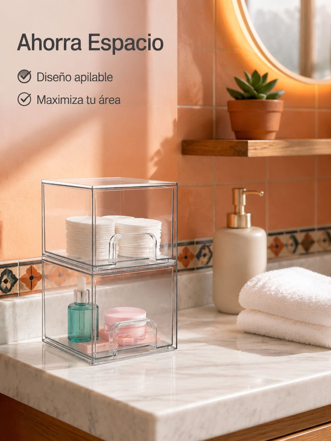 Caja de almacenamiento apilable transparente de material acrílico simulado