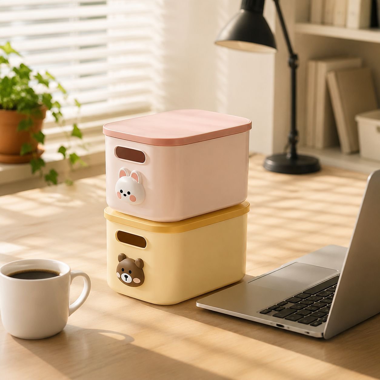 Neatly arranged desktop using a rectangular organizer basket