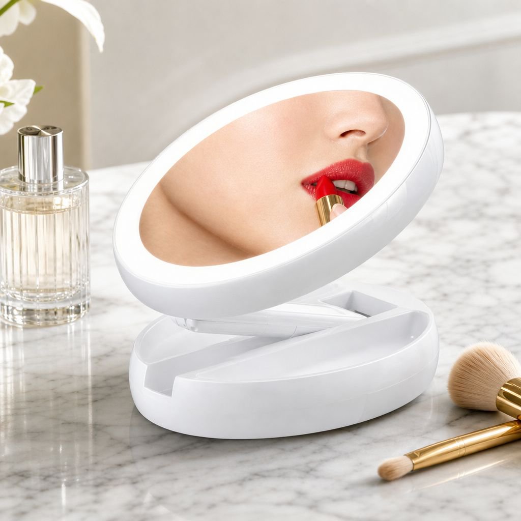 Portable double-sided magnifying mirror for travel