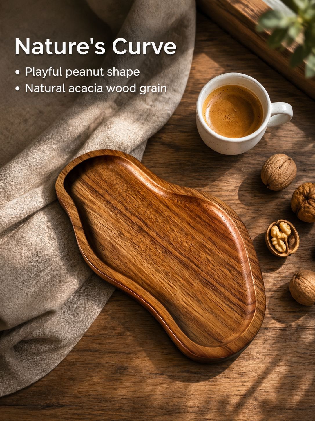 Peanut-shaped solid wood tray, acacia wood Japanese coffee and tea tray, wooden dessert, fruit, brea