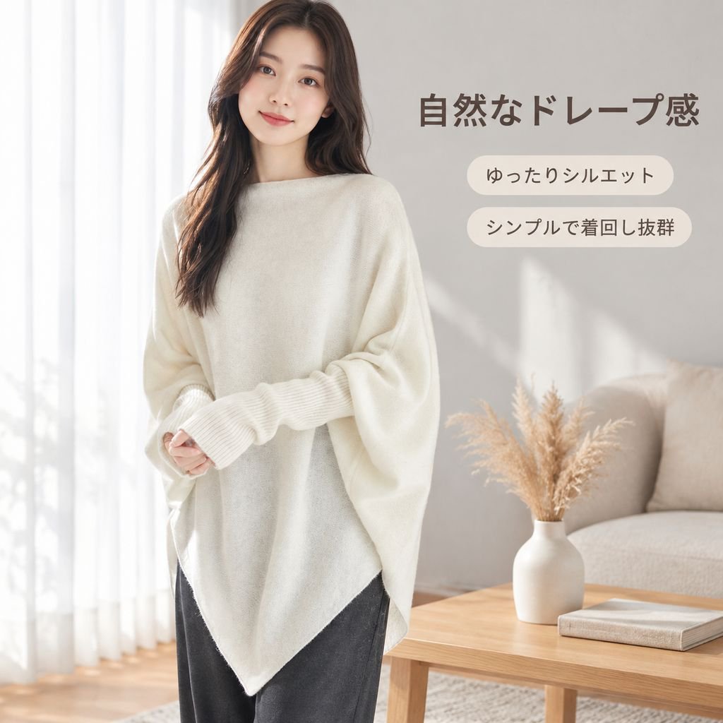 女性用軽量ロング・アシンメトリー・バットウィングスリーブ・セーター