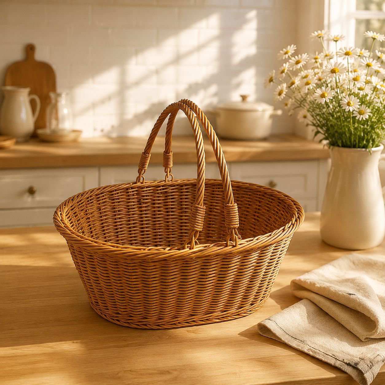 Panier de courses ovale en rotin synthétique tressé à la main, panier à légumes portable