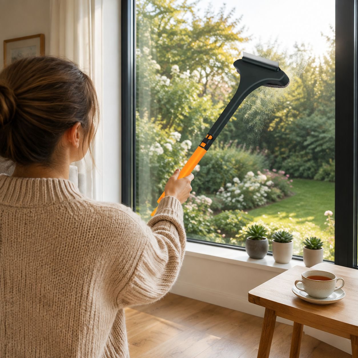 Close-up of flexible squeegee blade on window
