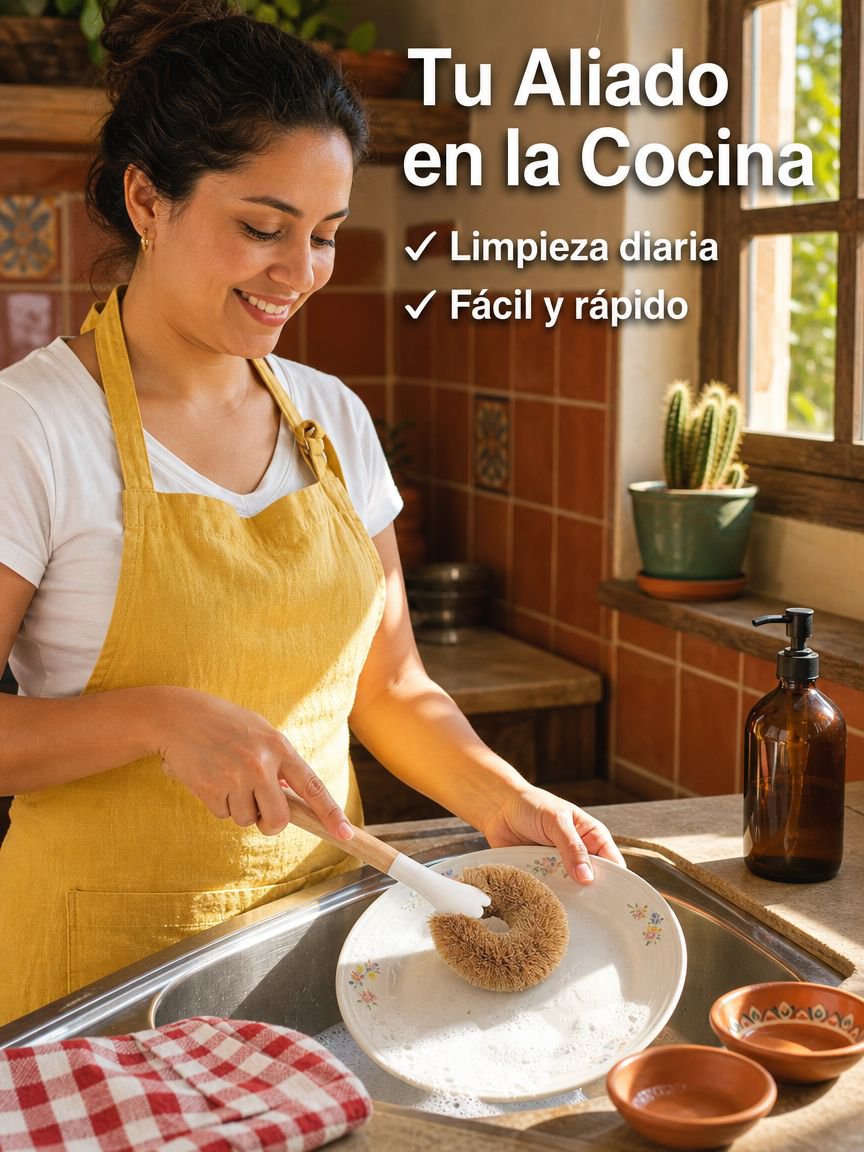 Cepillo de limpieza de mango largo de cáscara de coco natural, no daña utensilios