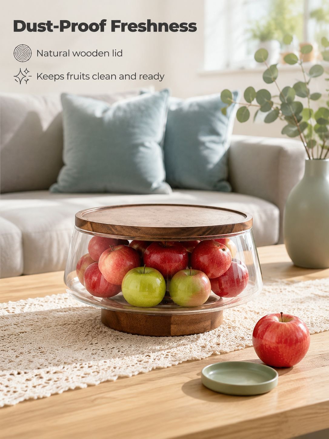 Glass Fruit Plate with Fork and Wooden Lid Tableware