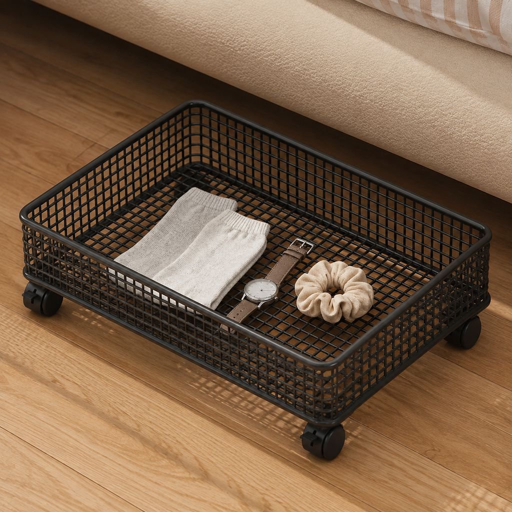 Movable iron under bed storage box with wheels