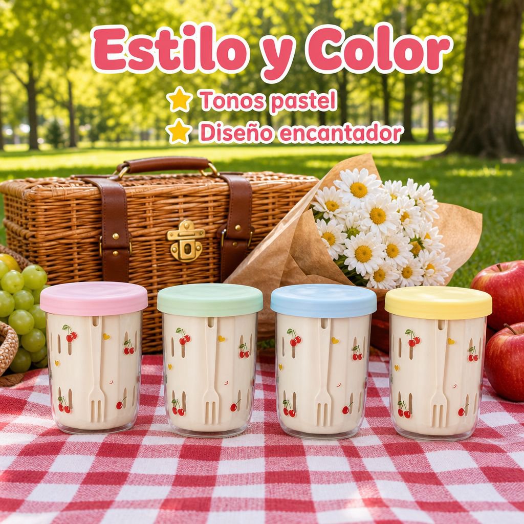 Vaso portátil de batido de frutas tipo caricatura con tenedor