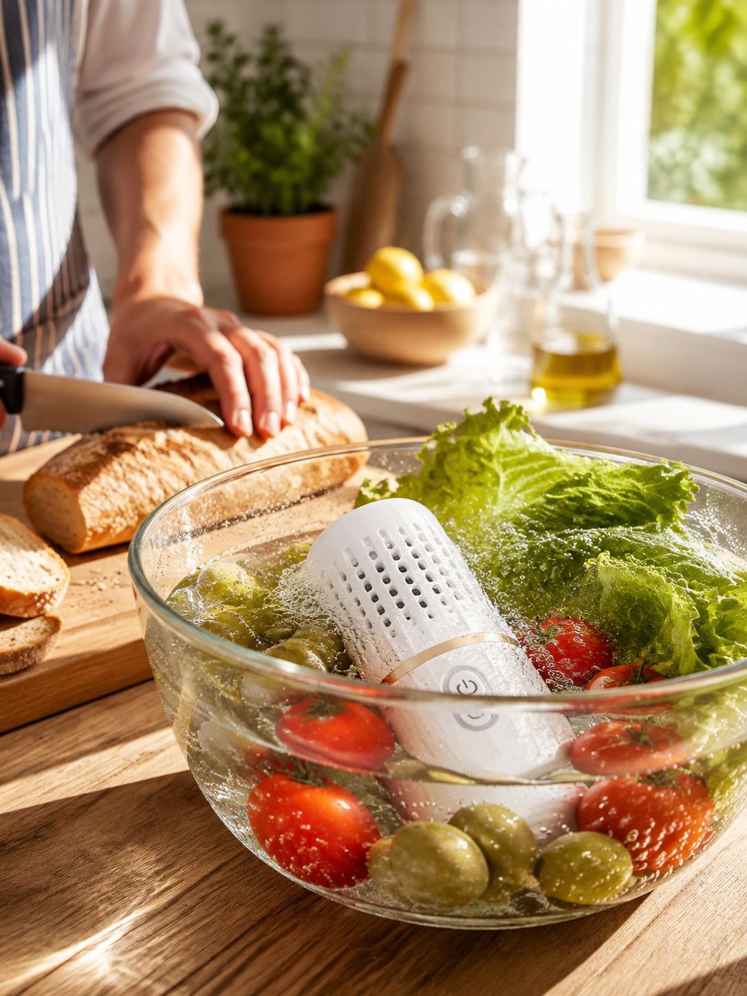 Limpiador portátil e inalámbrico de frutas y verduras en uso