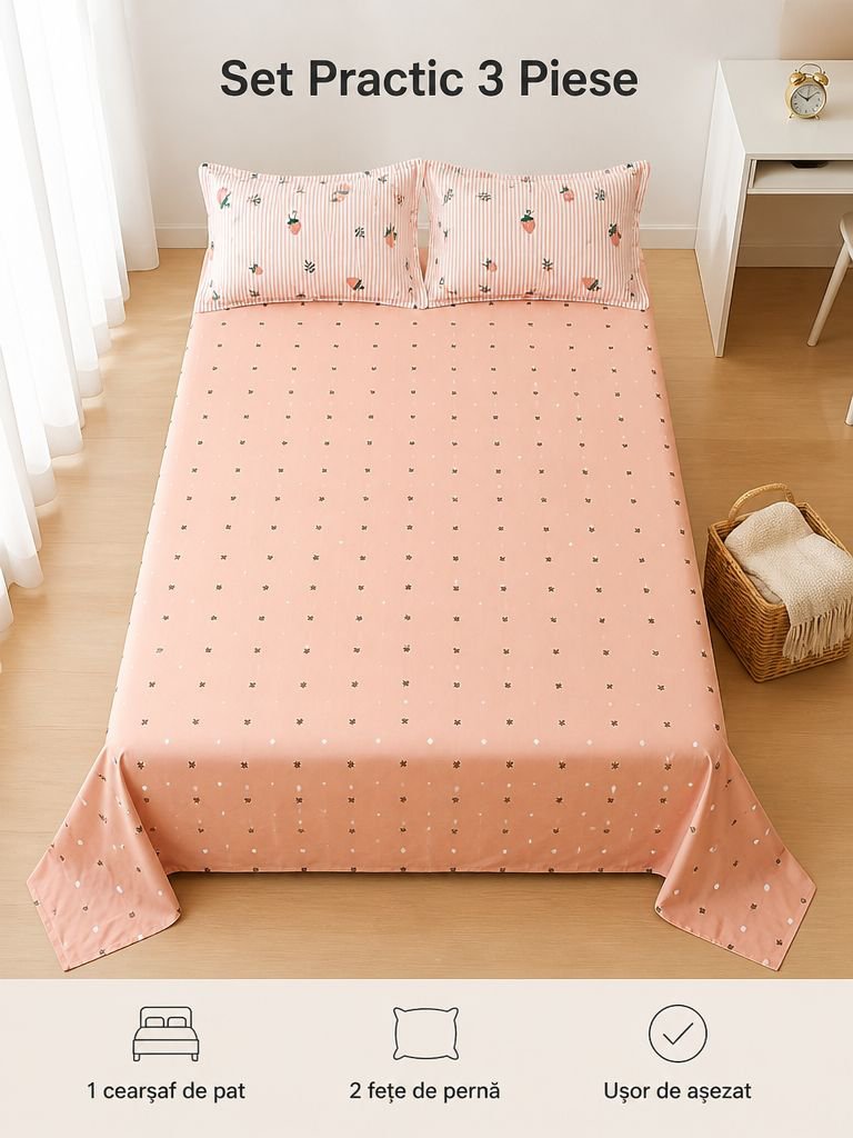Set de 3 piese din bumbac pur pentru pat de cămin studențesc