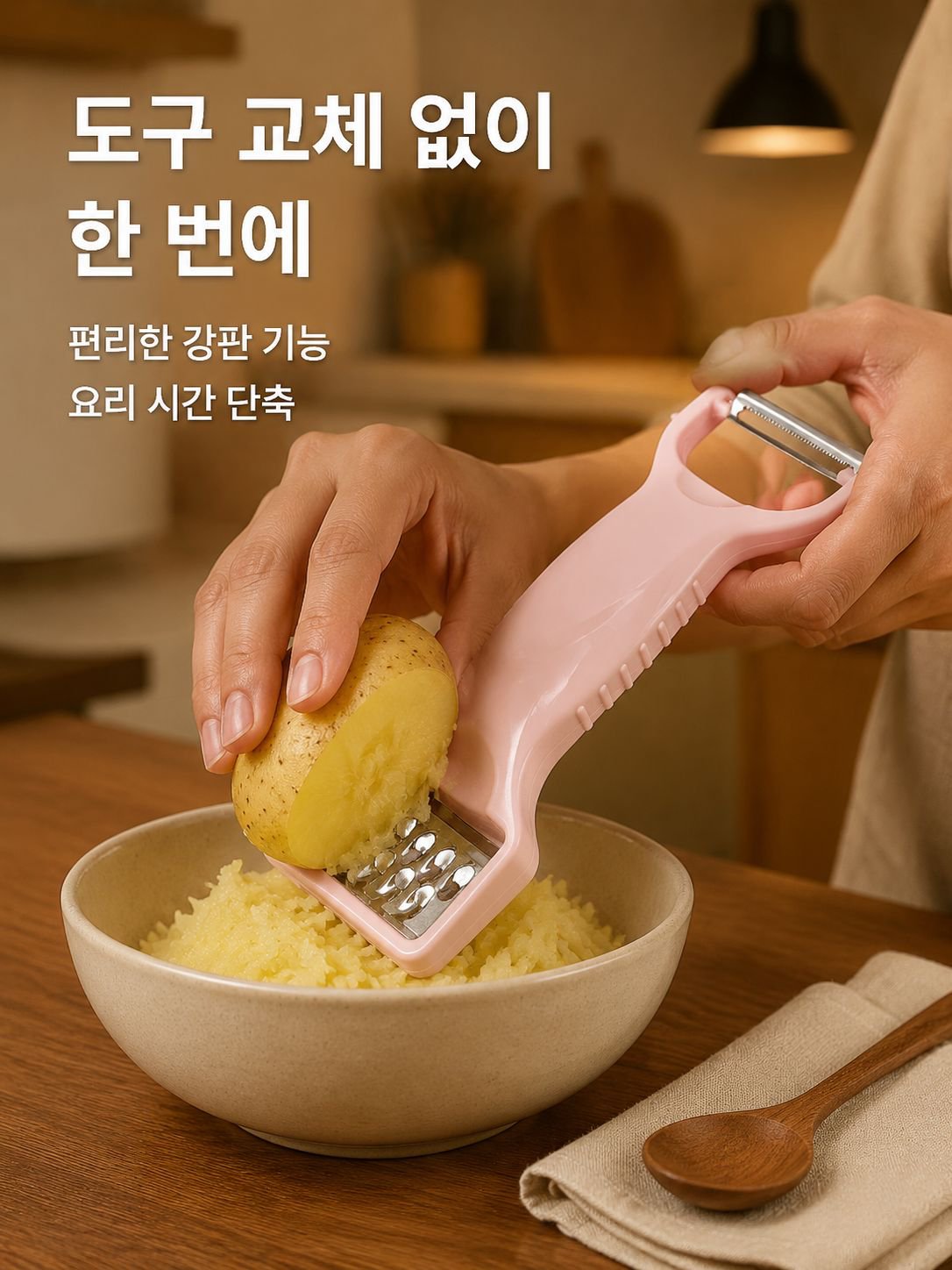 두 손을 합쳐 껍질을 깎는 기계와 과일과 채소를 제거하는 칼