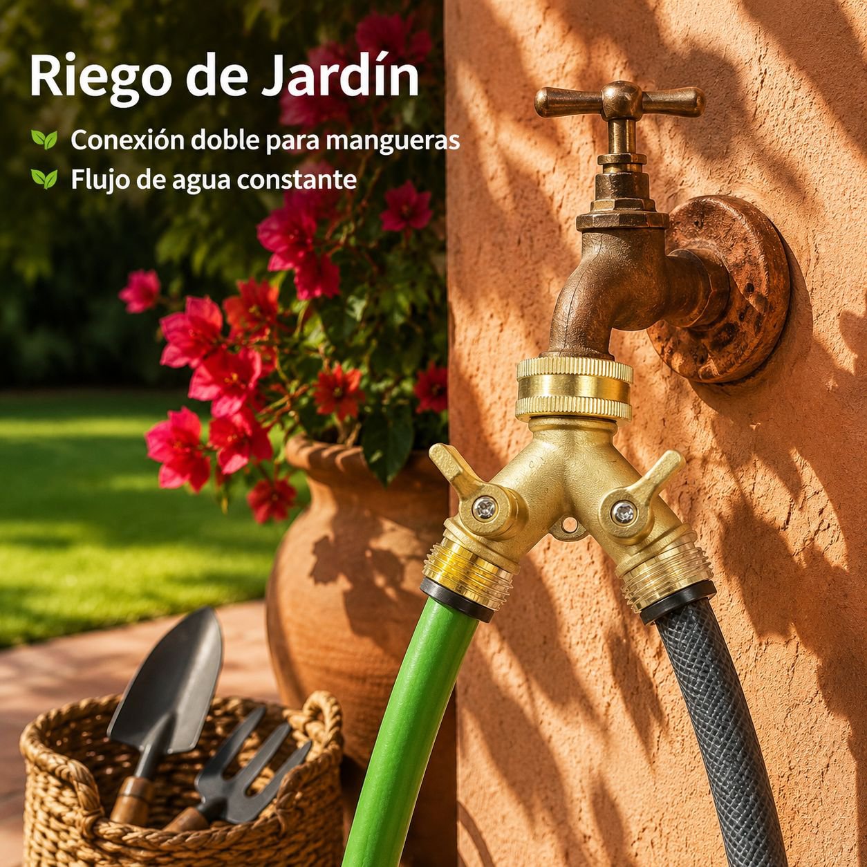 Distribuidor bidireccional tipo Y de latón con dos válvulas independientes para grifos.