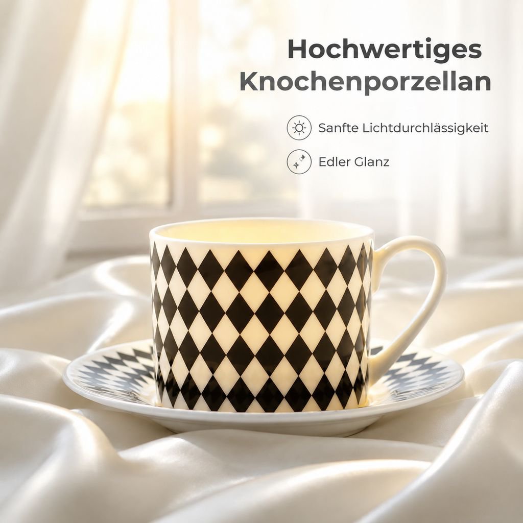 Knochenporzellan-Kaffeetassen- und Untertassen-Set mit schwarz-weiss geometrischem Design