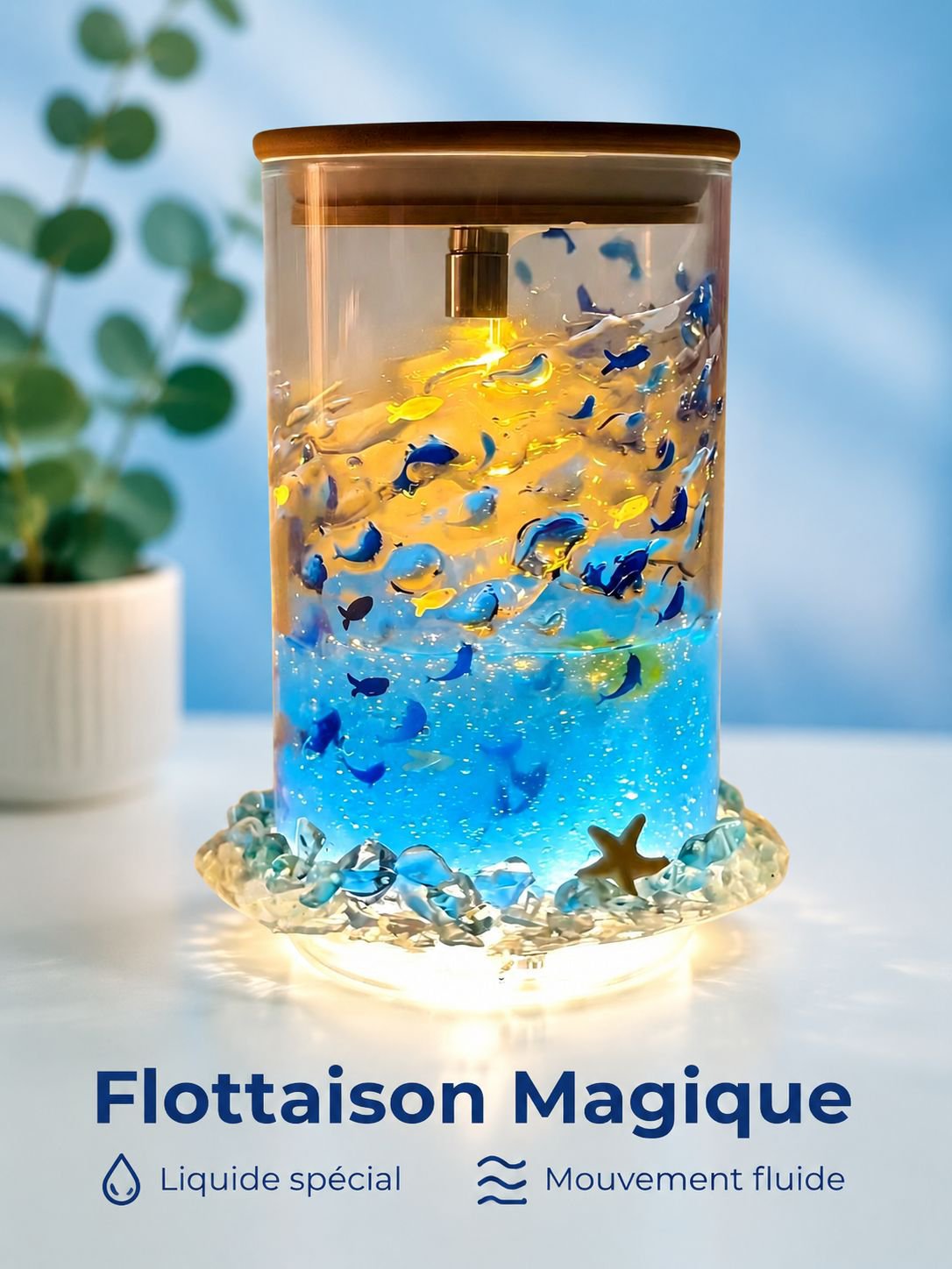 Veilleuse lumineuse apaisante bleue avec petits poissons flottants