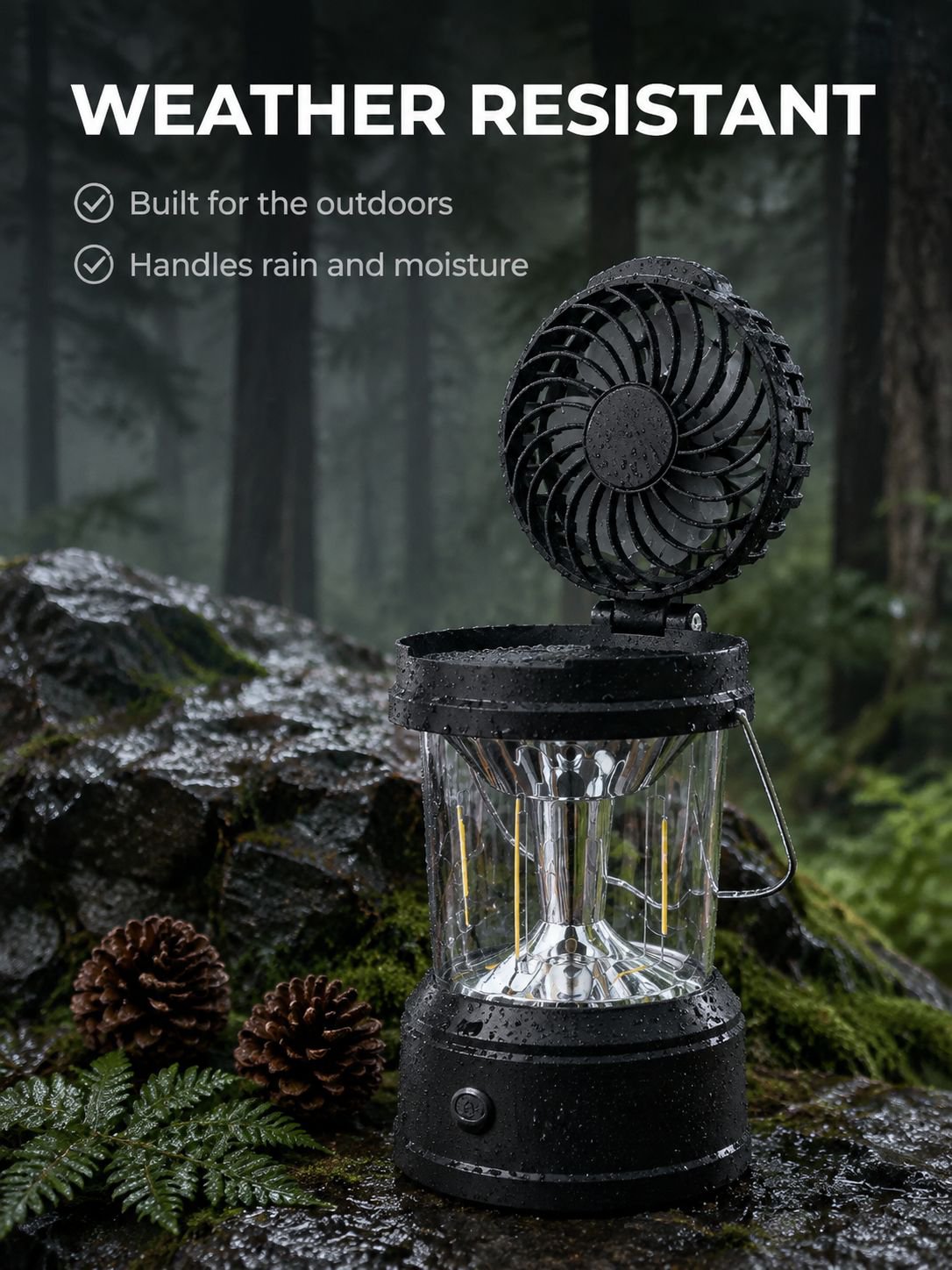 Multifunctional camping lantern providing cool air and bright light