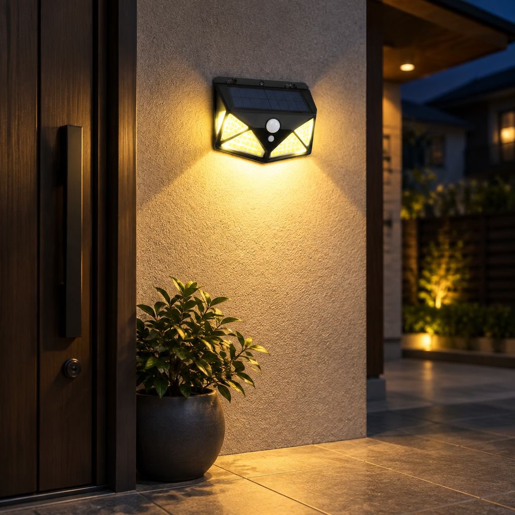 太陽光発電式屋外中庭照明、人体センサー付き壁面照明、100個のLEDを搭載した四面充電式家庭用照明、街路灯、環境照明。
