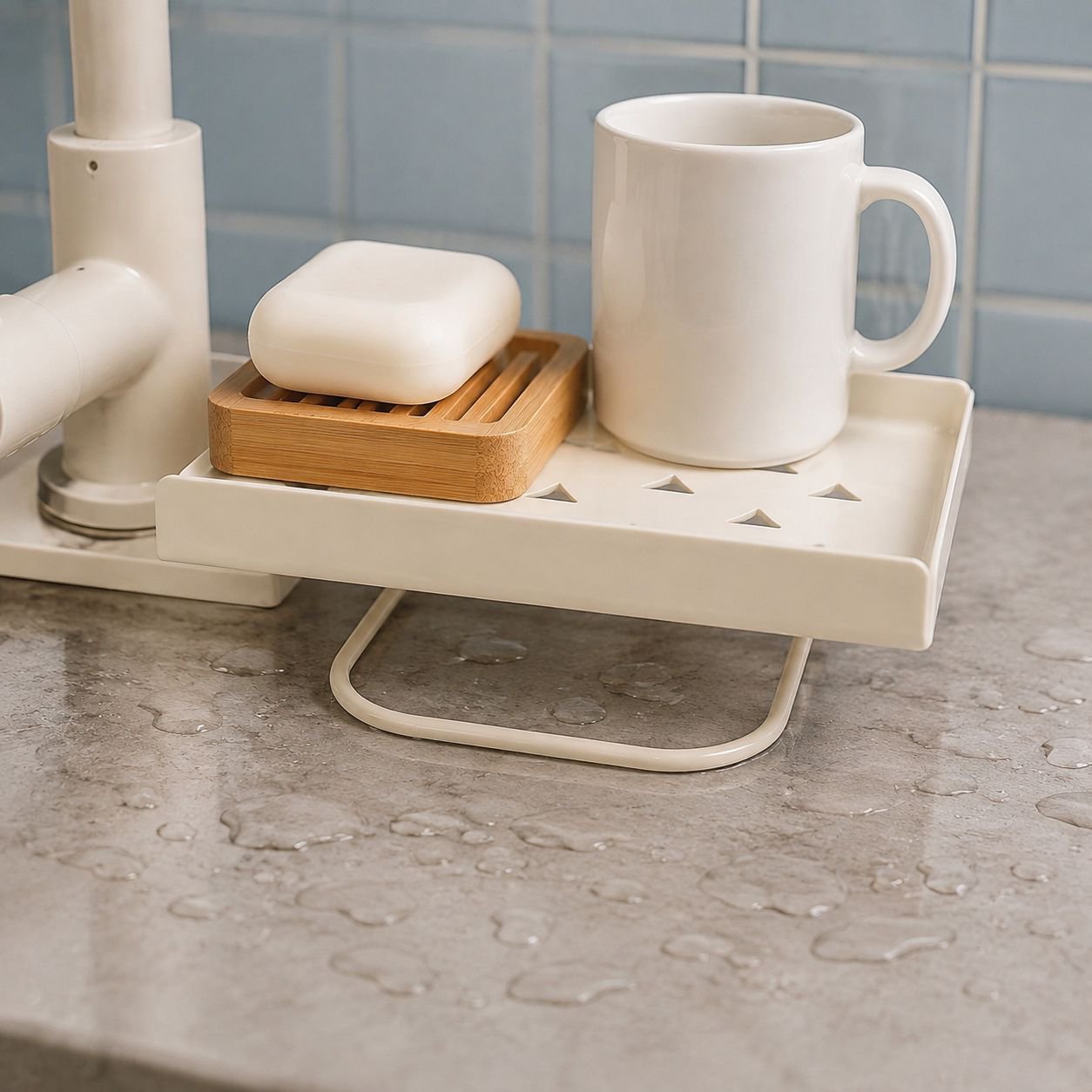 Minimalist bathroom sink with faucet plant shelf