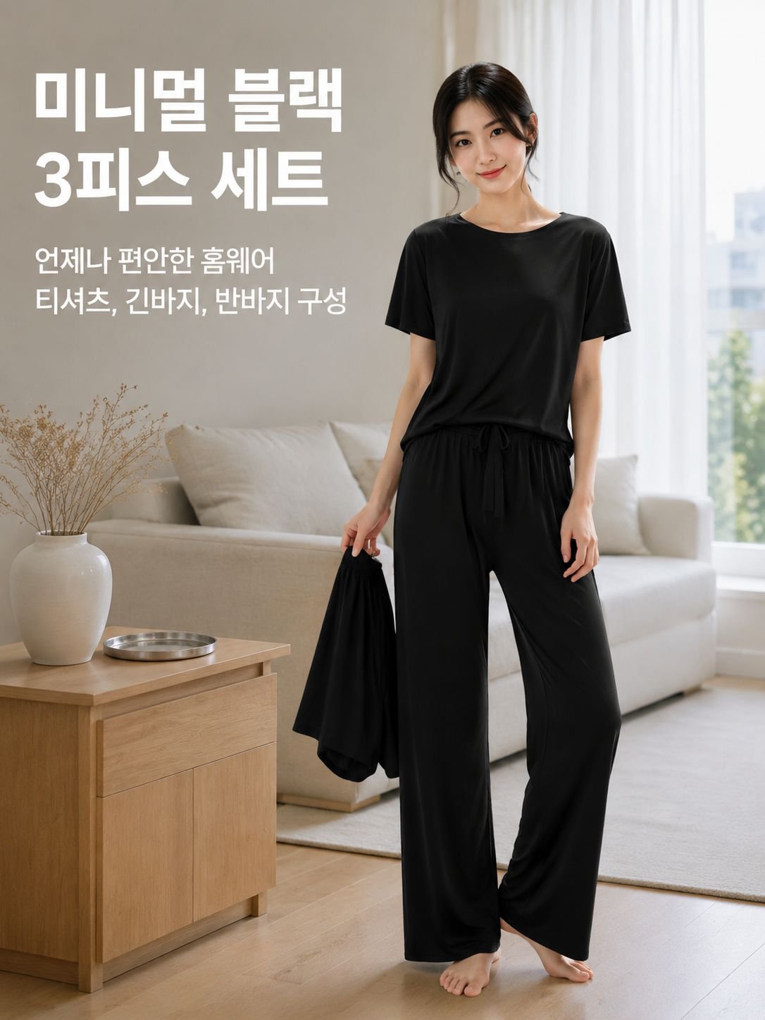 여름 아이스 실크 3종 홈웨어, 루즈핏 얇은 여성 파자마, 외출 가능