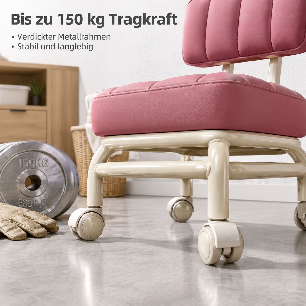 Multifunktionaler weicher Hocker mit Rückenlehne und Rollen für Zuhause