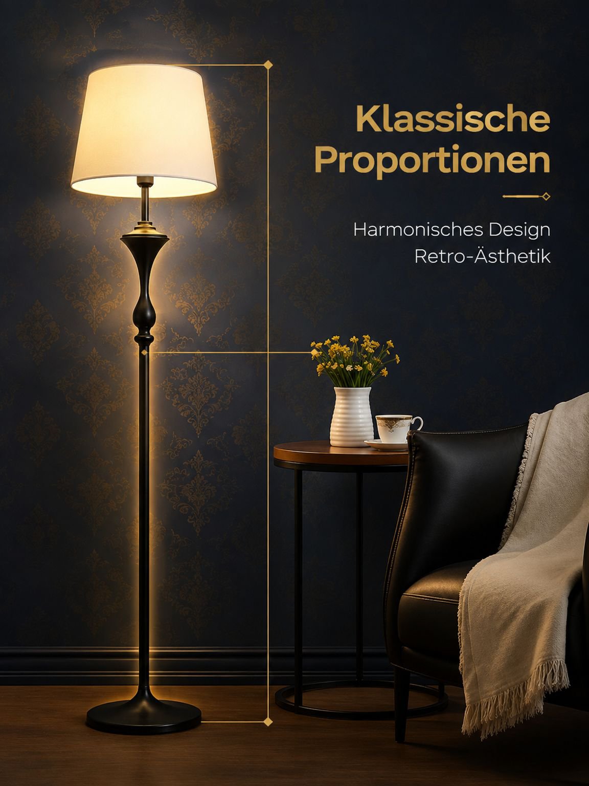 Retro-Lampe mit praktischem Ablagetisch im Schlafzimmer