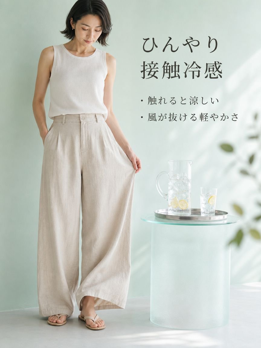 夏用薄手ドレープ感ワイドルーズ通勤通気ロングパンツ
