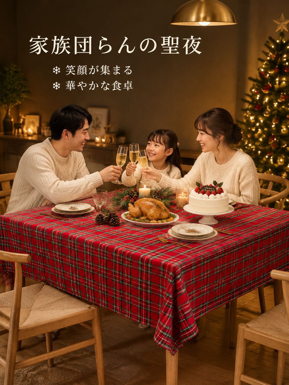 クリスマス 赤いチェック柄ファブリックテーブルクロス