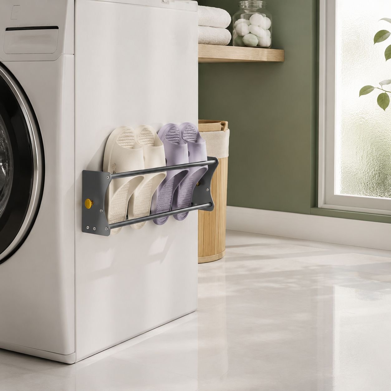 No-drill magnetic slipper holder mounted on bathroom wall