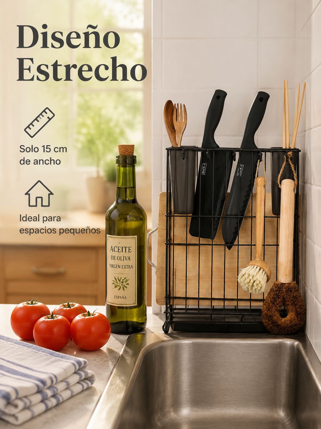 Soporte doméstico para cucharas con tabla de picar