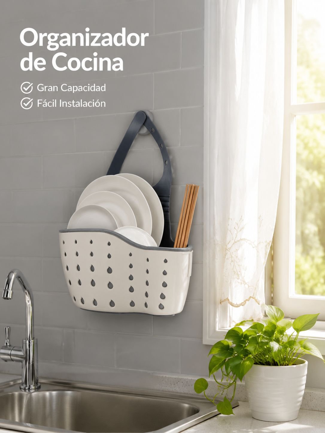 Escurridor de platos ecológico colgante con cesta de almacenamiento