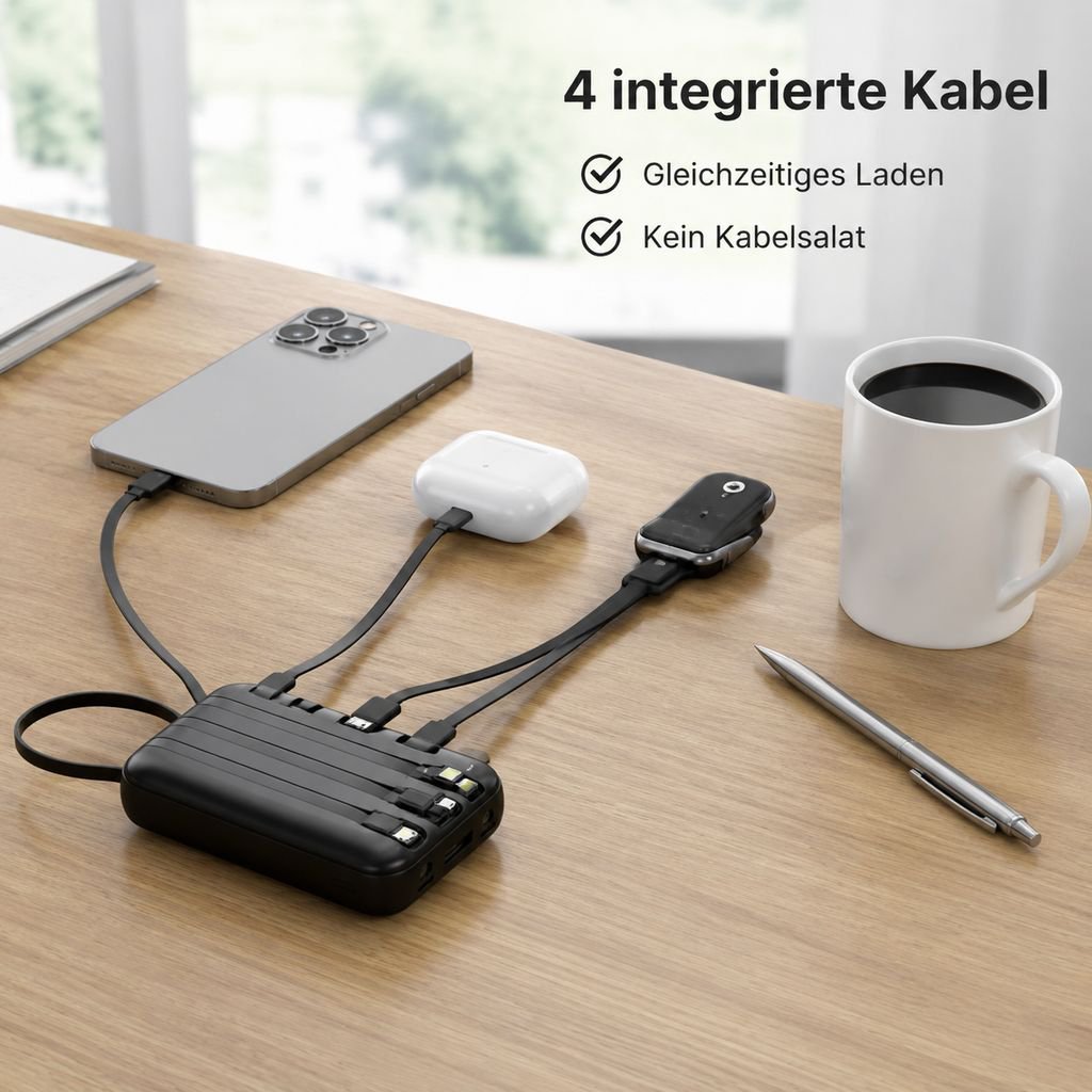 Powerbank mit 20000mAh und vier integrierten Ladekabeln
