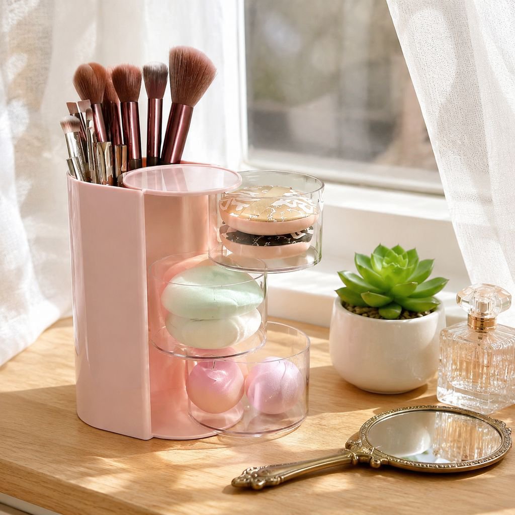 Makeup brush and puff holder with transparent dustproof cover