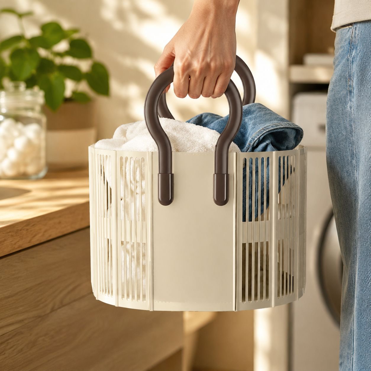 Cesto de ropa sucia con asa ergonómica para baño