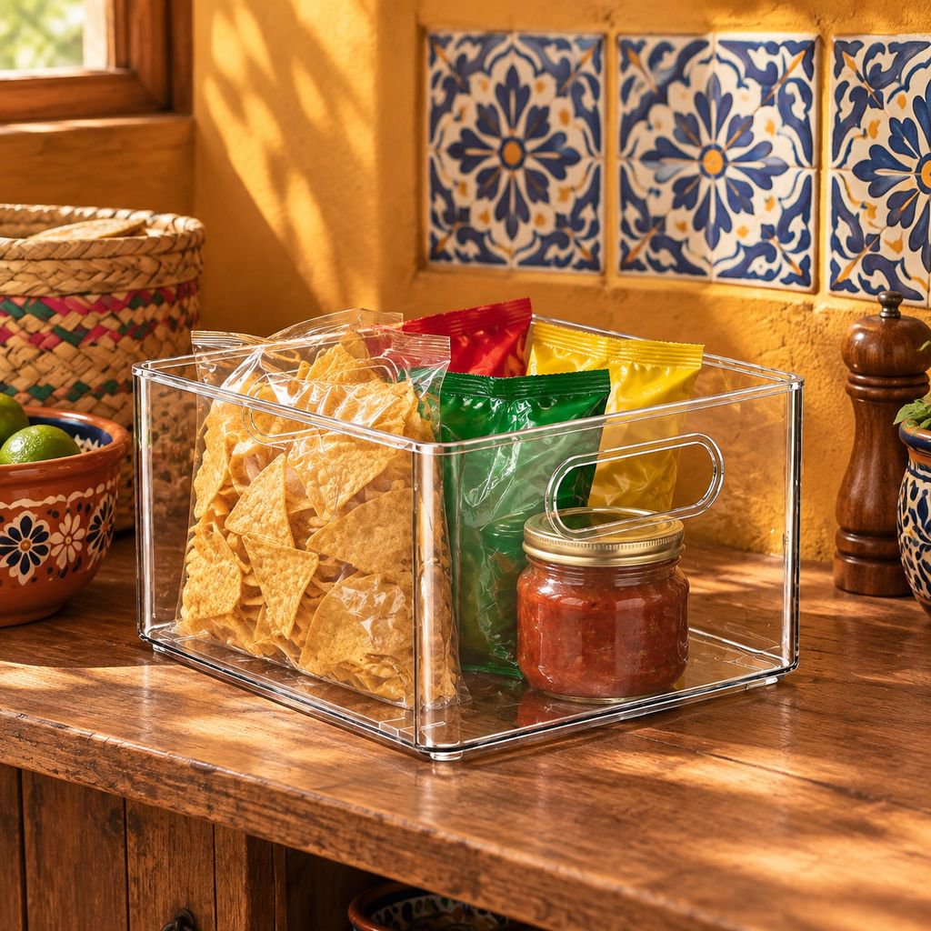 Caja organizadora transparente multifuncional para artículos diversos y snacks, cesta de escritorio