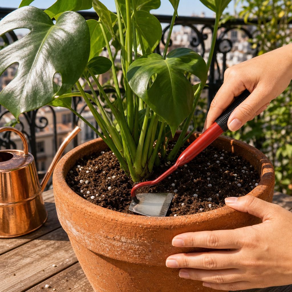 Durable metal blade garden hoe in use